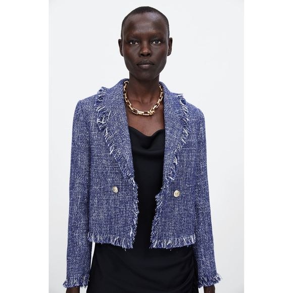 zara blue tweed blazer